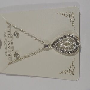 Silver Teardrop Pendant Necklace w/ Crystal Accents & Earrings Women's Jewelry